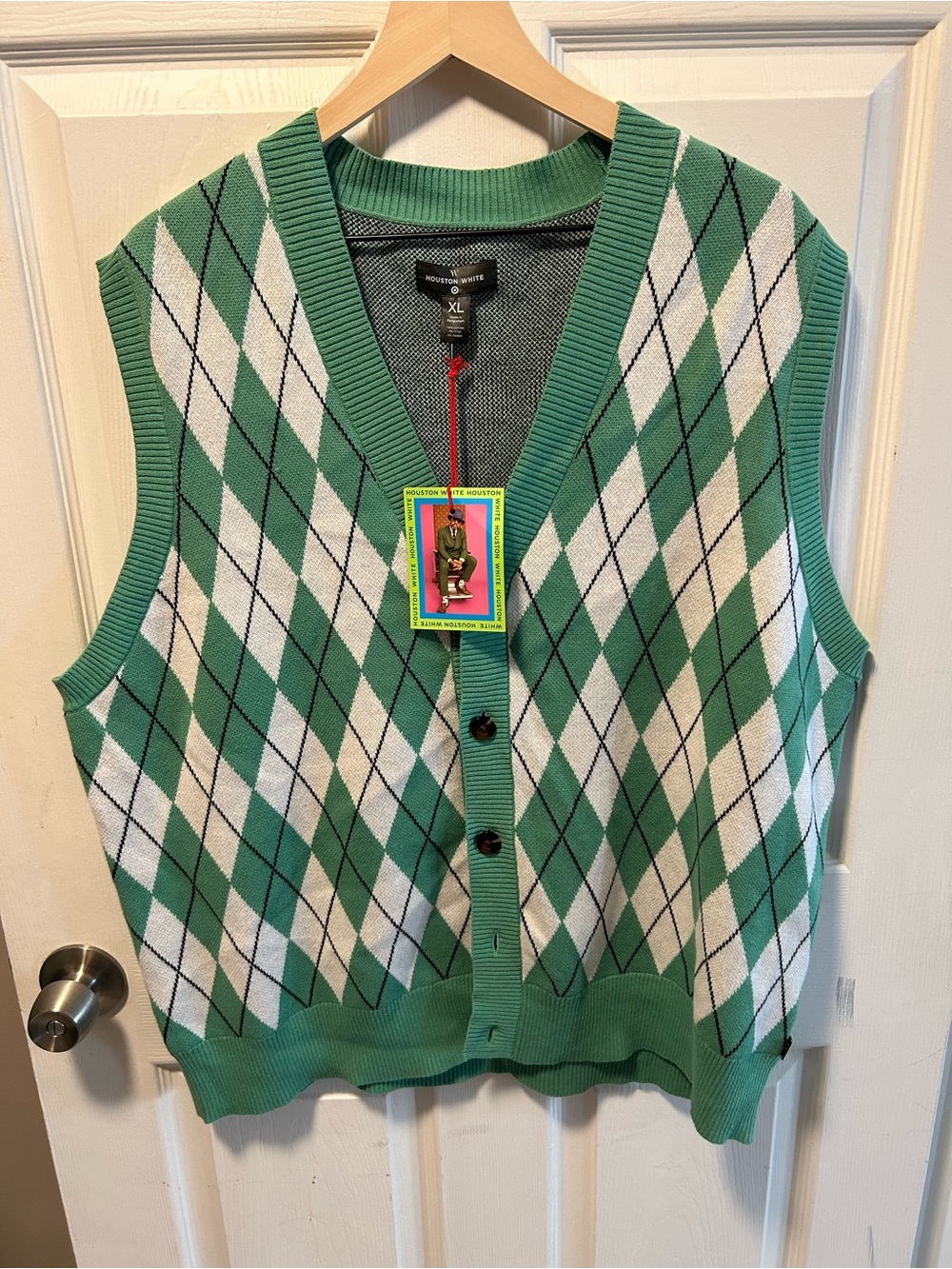 Argyle V-Neck Button Sweater Vest in Green and White - XL